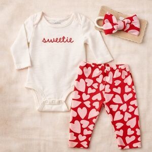 Mud Pie Sweetie Valentine Baby Outfit 6–9M Heart Leggings Bow Set NWT